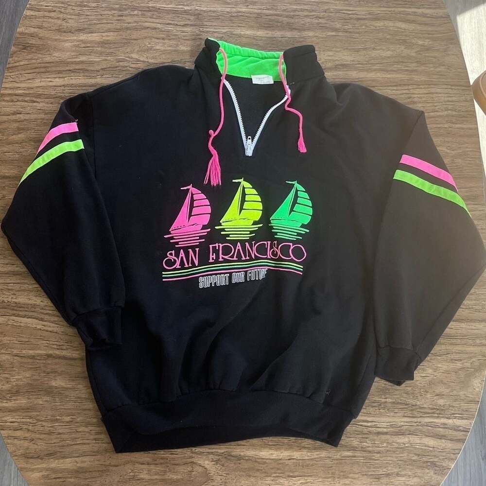 Vintage 90s San Francisco Neon Sailboat Quarter-Zip Sweatshirt Large